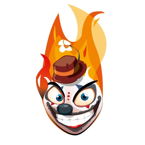 Une tête de clown souriant et maléfique avec des flammes pour la marque de bonbons Têtes Brûlées