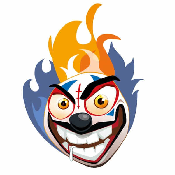 Une tête de clown souriant et maléfique avec des flammes pour la marque de bonbons Têtes Brûlées
