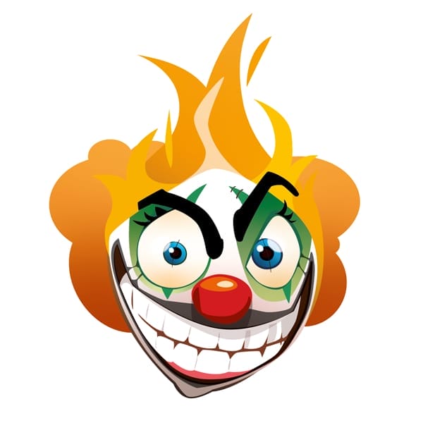 Une tête de clown souriant et maléfique avec des flammes pour la marque de bonbons Têtes Brûlées