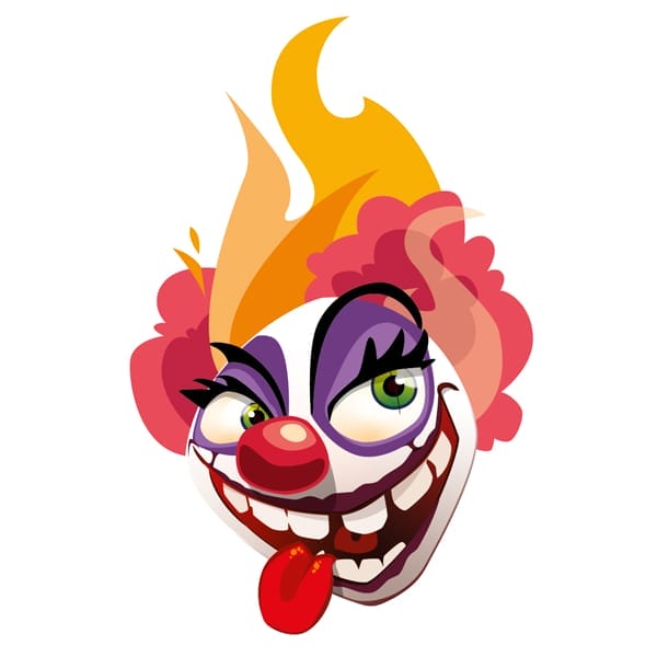 Une tête de clown féminin terrifiante, souriante et maléfique avec des flammes roses pour la marque de bonbons Têtes Brûlées